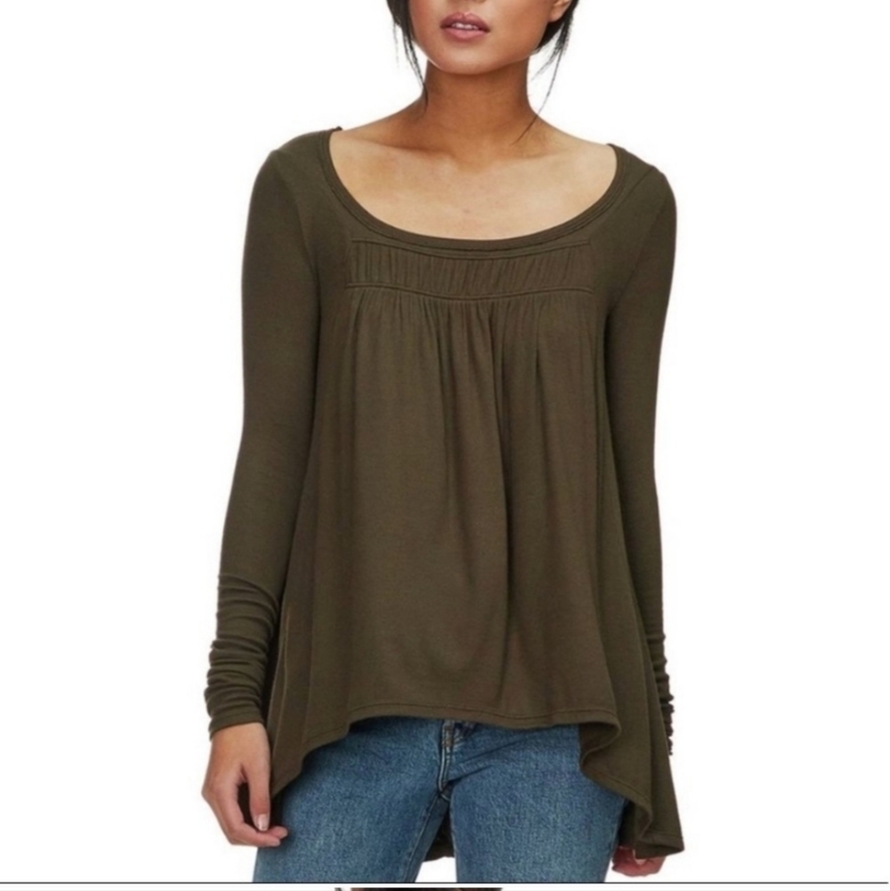 FREE PEOPLE Love Valley Long Sleeve Scoop Neck Top Army Green M